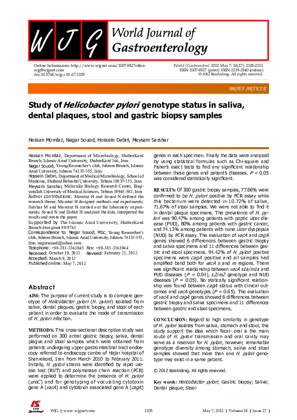 (PDF) Reservoirs of Helicobacter pylori and Modes of Transmission Pulak Sahay Academia.edu