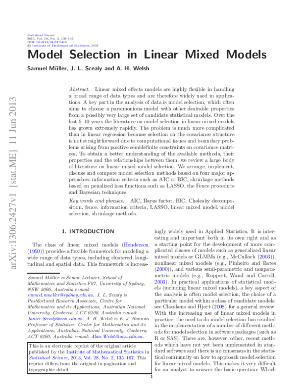 (PDF) Reshetov LA Model Selection in Linear Mixed Models | Леонид ...