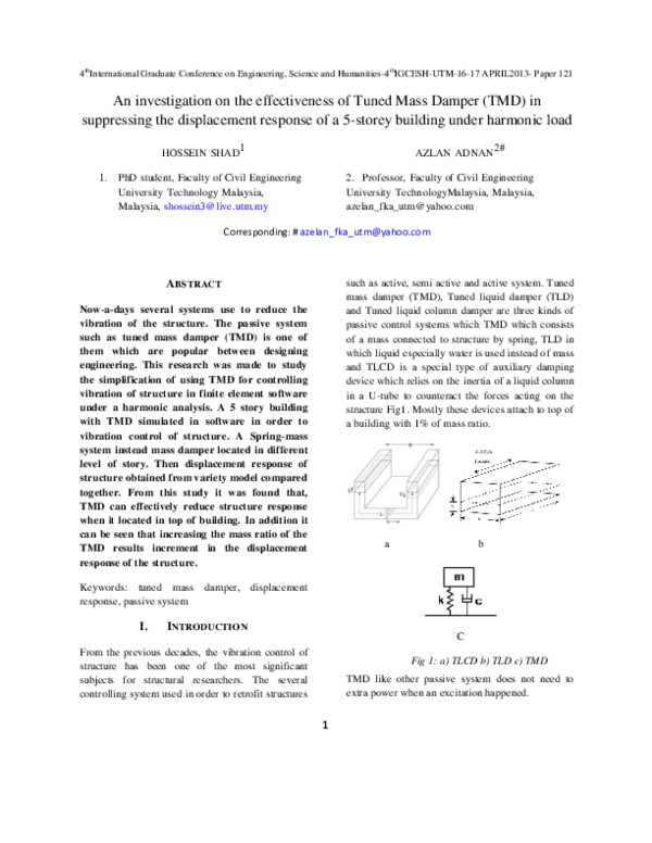 (PDF) An investigation on the effectiveness of Tuned Mass Damper (TMD ...