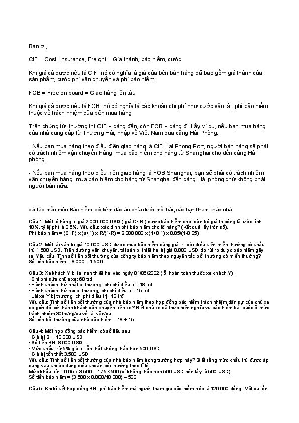 First page of “Bài tập mẫu môn Bảo hiểm”