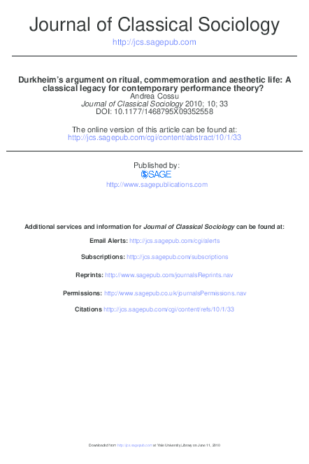Pdf Durkheim S Argument On Ritual Commemoration And Aesthetic Life A Classical Legacy For Contemporary Performance Theory Andrea Cossu Academia Edu