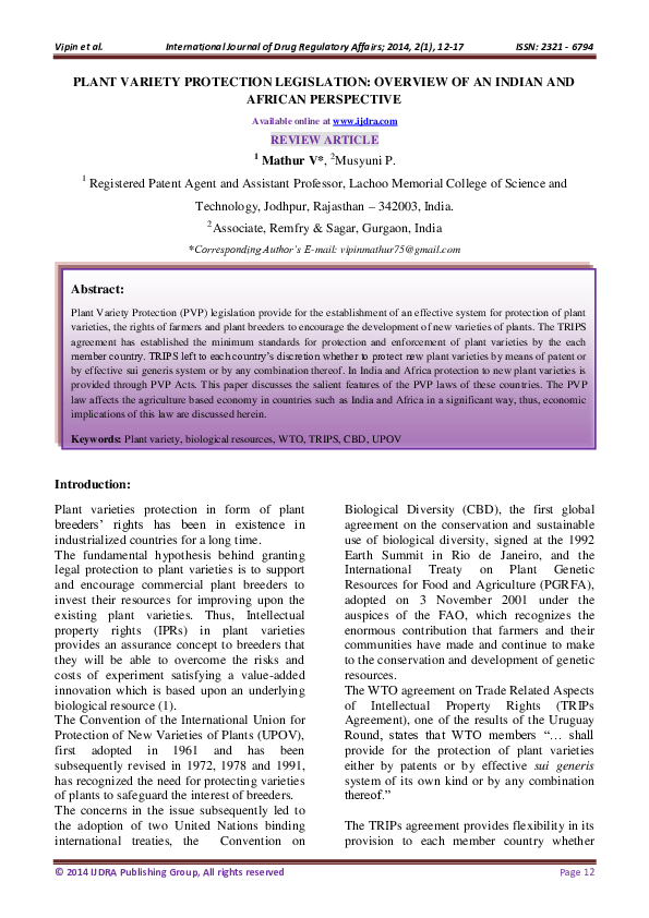 (PDF) PLANT VARIETY PROTECTION LEGISLATION OVERVIEW OF AN INDIAN AND
