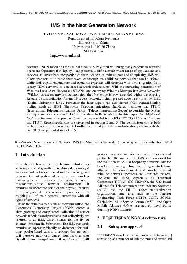 (PDF) IMS in the Next Generation Network Milan Kubina and Pavel Segec