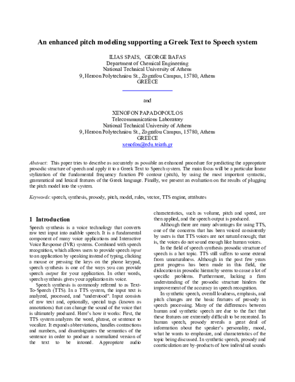 (PDF) An enhanced pitch modeling supporting a Greek Text to Speech system Ilias Spais