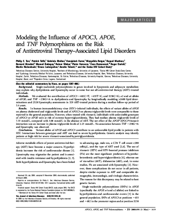 (PDF) Modeling the Influence of APOC3, APOE, and TNF Polymorphisms on ...