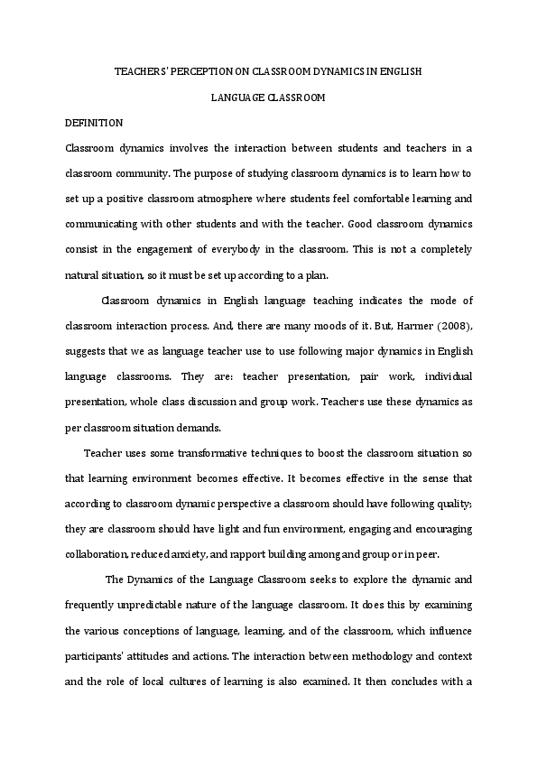 (DOC) TEACHERS' PERCEPTION ON CLASSROOM DYNAMICS IN ENGLISH LANGUAGE CLASSROOM DEFINITION