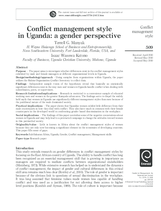 (PDF) Conflict management style in Uganda: a gender perspective