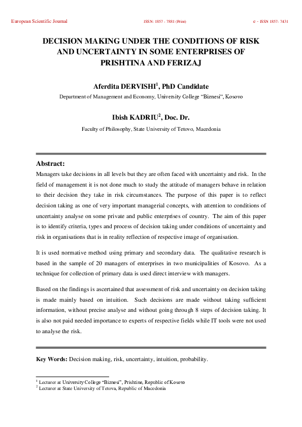 (PDF) European Scientific Journal DECISION MAKING UNDER THE CONDITIONS ...