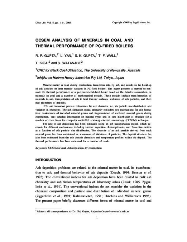 (PDF) CCSEM ANALYSIS OF MINERALS IN COAL AND THERMAL PERFORMANCE OF PC ...