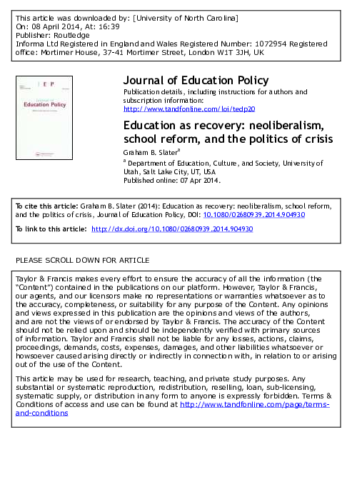 Education as Recovery: Neoliberalism, School Reform, and the Politics of Crisis