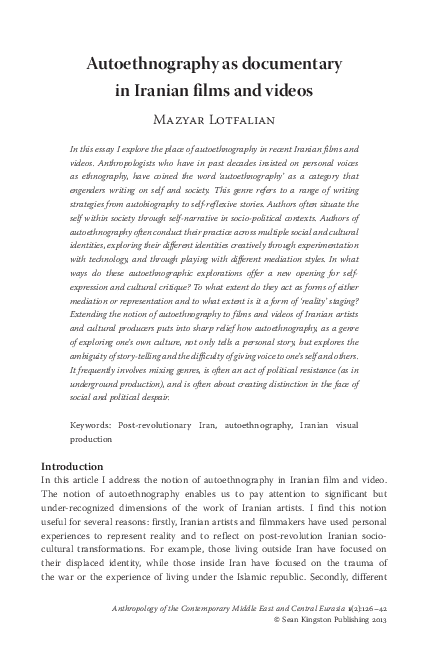 (PDF) Autoethnography as documentary in Iranian films and videos