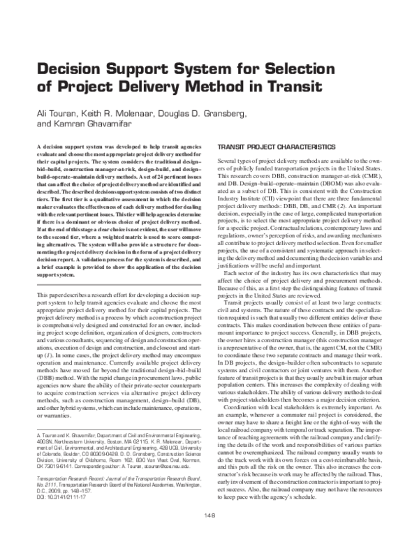 (PDF) Decision Support System for Selection of Project Delivery Method ...