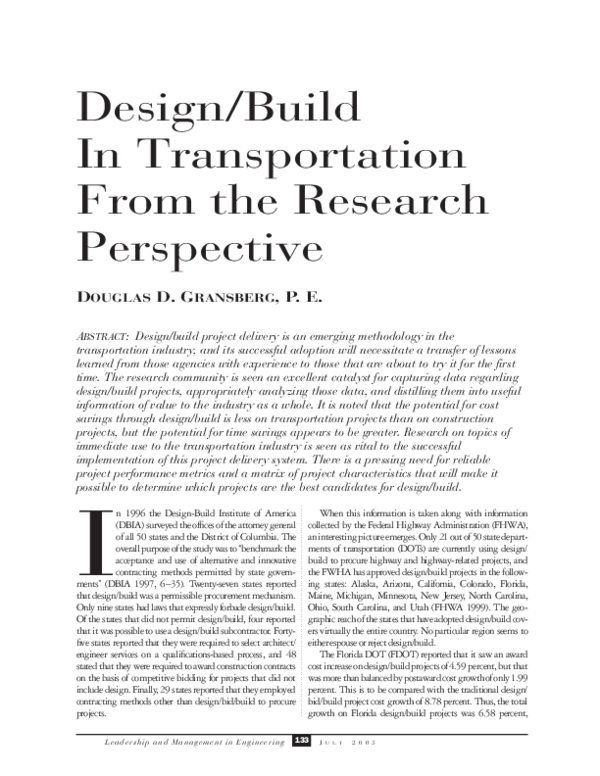 (PDF) Design-Build in Transportation from the Research Perspective 2003 ...