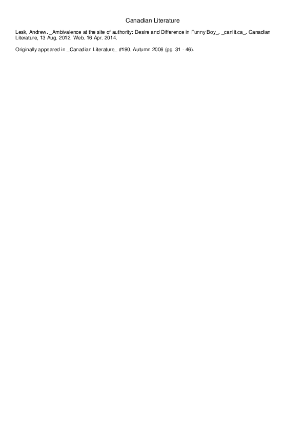 (PDF) Ambivalence at the site of authority Desire and Difference in Funny Boy Andrew Lesk