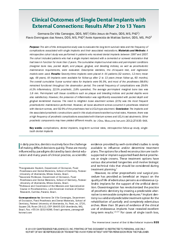 (PDF) Clinical Outcomes of single dental implants with external ...