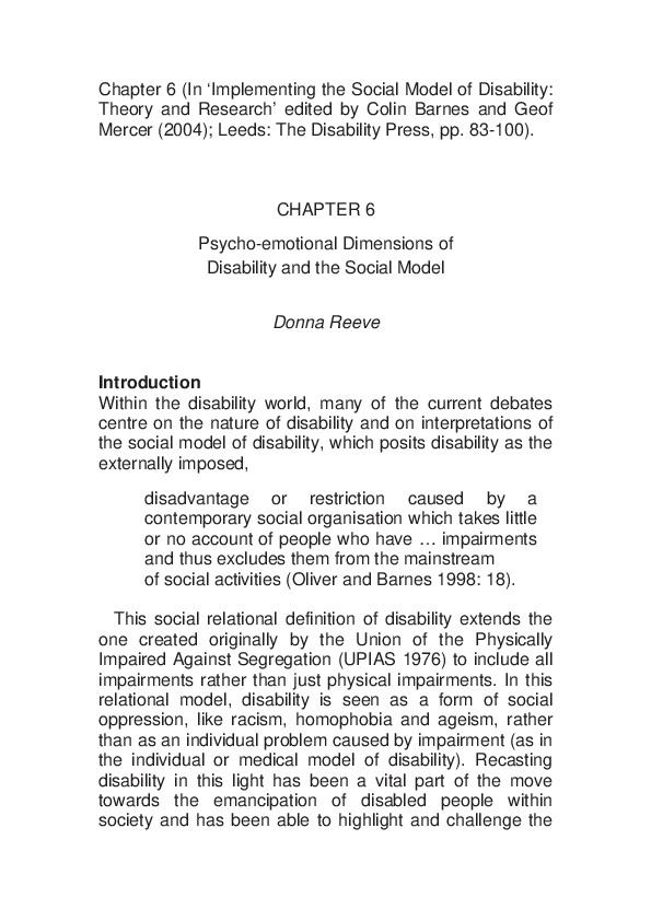  PDF Psycho emotional Dimensions Of Disability And The Social Model 