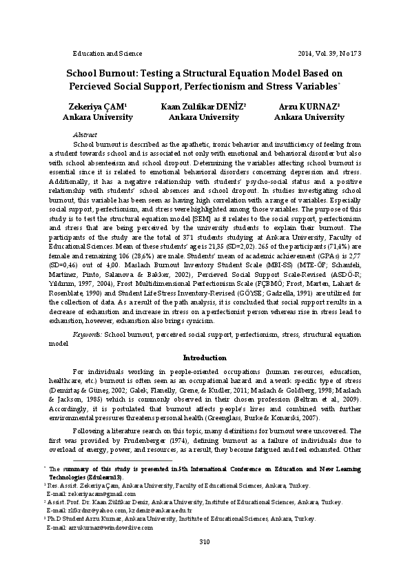 (PDF) School Burnout: Testing a Structural Equation Model Based on ...