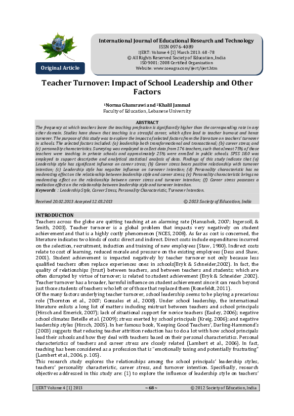 (PDF) Teacher Turnover: Impact of School Leadership and Other Factors