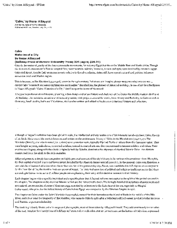 (PDF) Joel Benin, "Cairo Histories of a City" Nezar AlSayyad