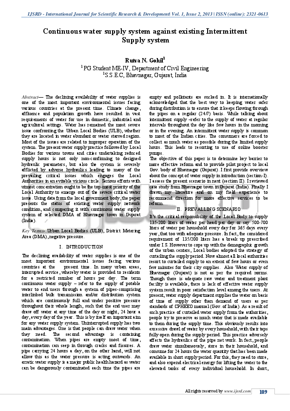 (PDF) Continuous water supply system against existing Intermittent
