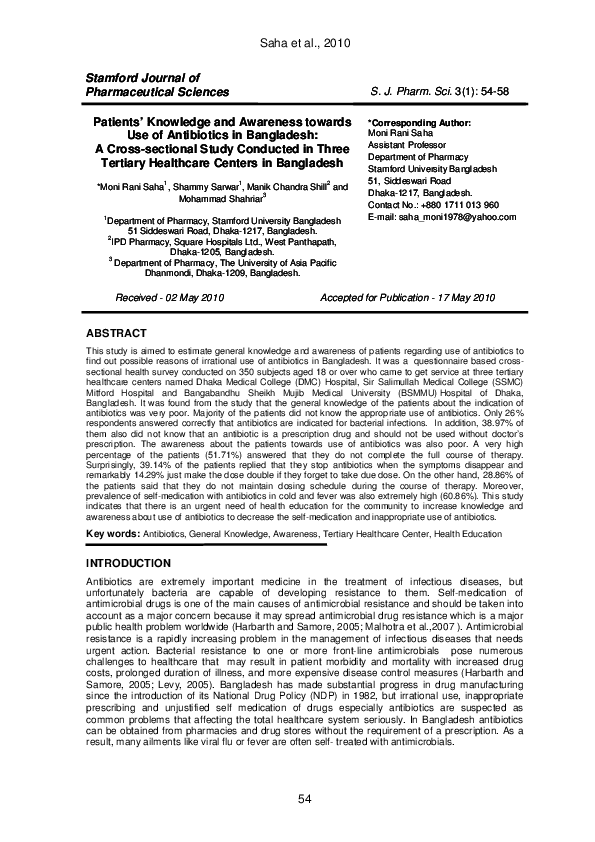 (PDF) Patients’ Knowledge and Awareness towards Use of Antibiotics in Bangladesh A Cross