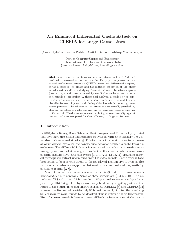 (PDF) An Enhanced Differential Cache Attack on CLEFIA for Large Cache Lines