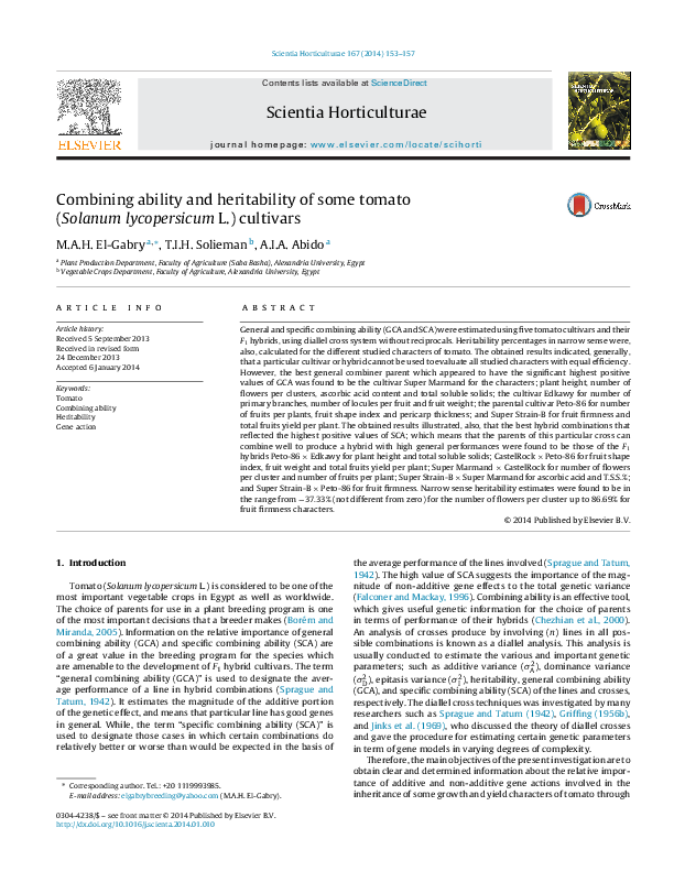 (PDF) Combining ability and heritability of some tomato cultivrs