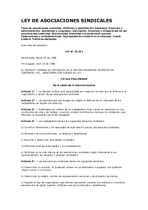 (DOC) LEY DE ASOCIACIONES SINDICALES valeria