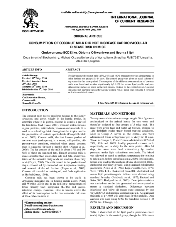 (PDF) CONSUMPTION OF COCONUT MILK DID NOT INCREASE CARDIOVASCULAR