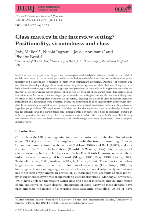 (PDF) Class matters in the interview setting? Positionality ...