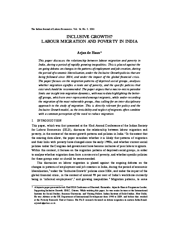 (PDF) INCLUSIVE GROWTH? LABOUR MIGRATION AND POVERTY IN INDIA