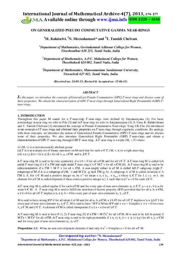 Pdf On Generalized Pseudo Commutative Gamma Near Rings Tamizh Chelvam T Academia Edu