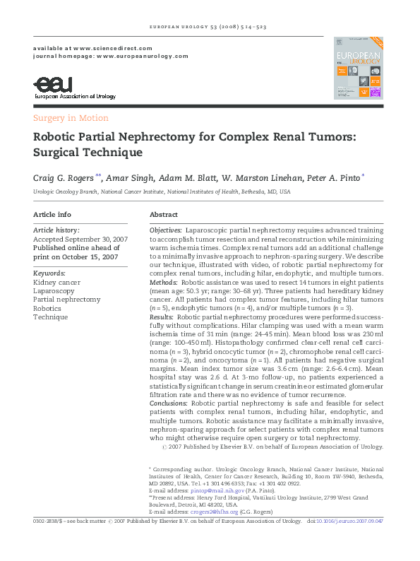 (PDF) Robotic Partial Nephrectomy for Complex Renal Tumors: Surgical ...