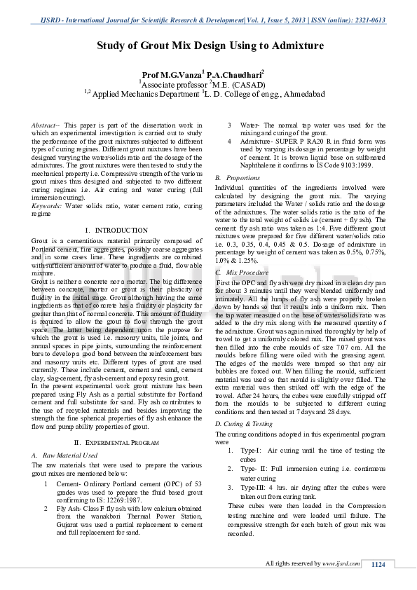 (PDF) Study of Grout Mix Design Using to Admixture IJSRD