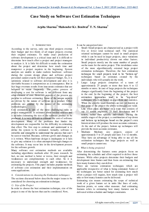 (PDF) Case Study on Software Cost Estimation Techniques IJSRD
