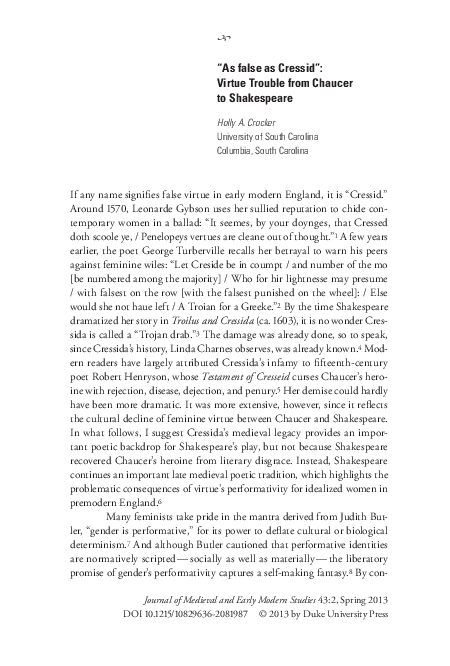 “‘As false as Cressid’: Virtue Trouble from Chaucer to Shakespeare” 