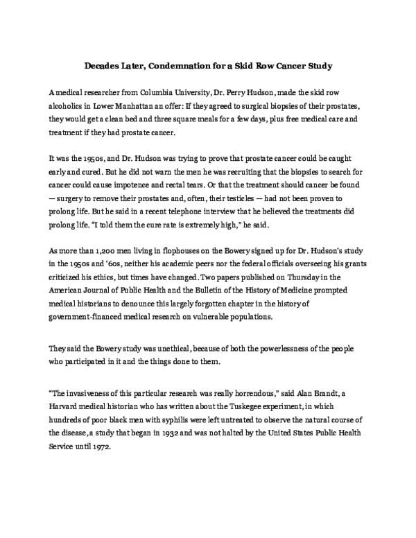 PDF) 10Decades Later Condemnationfora Skid Row Cancer Study