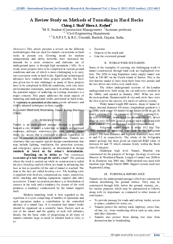(PDF) A Review Study on Methods of Tunneling in Hard Rocks IJSRD International Journal for