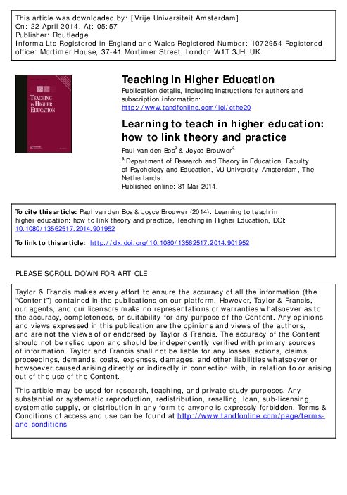 (PDF) learning to teach in higher education linking theory and practice