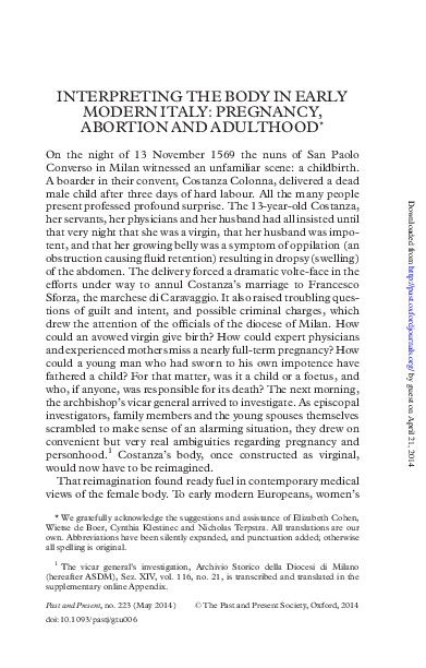 Interpreting the Body in Early Modern Italy: Pregnancy, Abortion and Adulthood