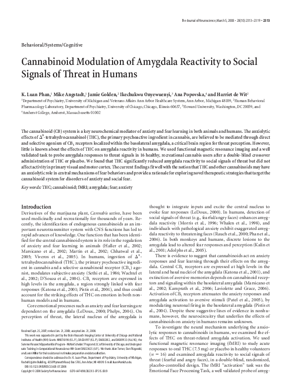 (PDF) Cannabinoid Modulation of Amygdala Reactivity to Social Signals ...
