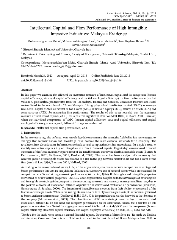 (PDF) Intellectual Capital and Firm Performance of High Intangible ...