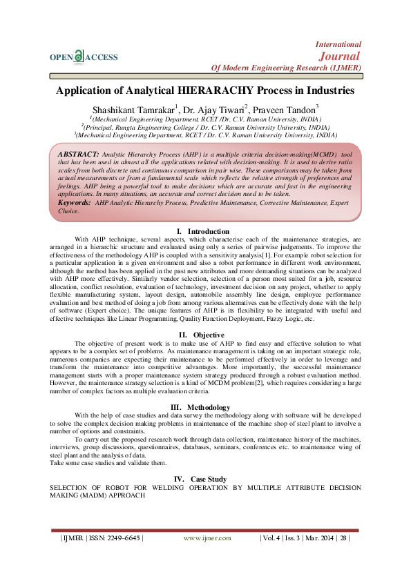 (PDF) Application of Analytical HIERARACHY Process in Industries