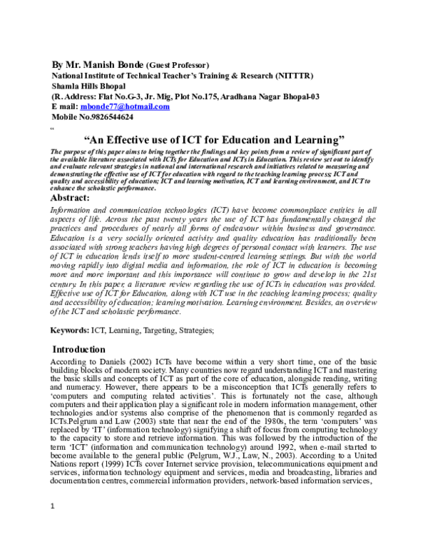 (DOC) “An Effective use of ICT for Education and Learning”