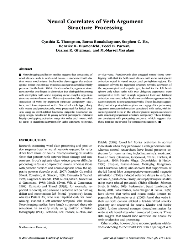 (PDF) Neural Correlates of Verb Argument Structure Processing