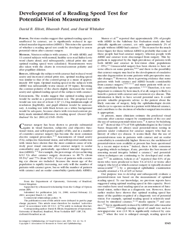 (PDF) Development of a Reading Speed Test for Potential-Vision Measurements