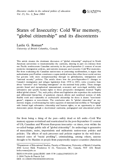 (PDF) States of Insecurity: Cold War memory, “global citizenship ” and ...