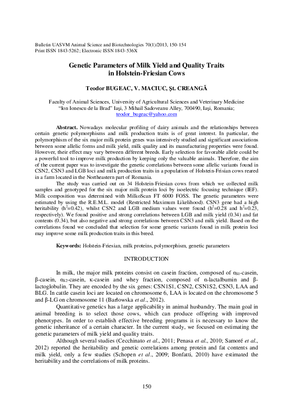 (PDF) Genetic Parameters of Milk Yield and Quality Traits in Holstein ...