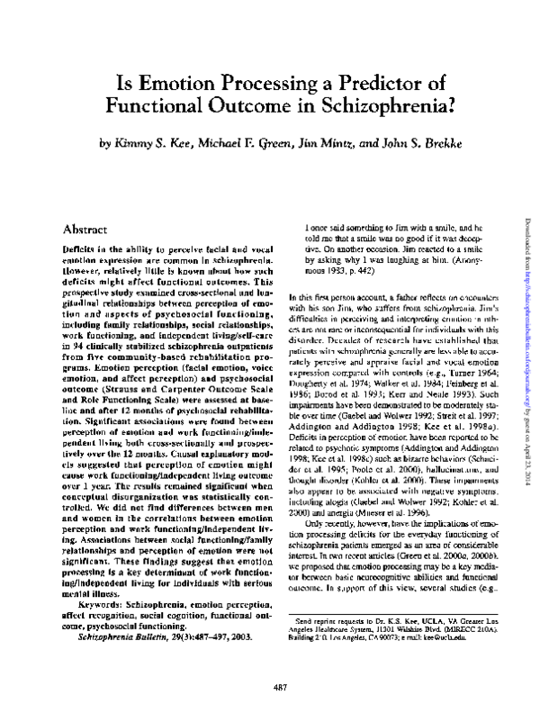 (PDF) Is Emotion Processing a Predictor of Functional Outcome in ...