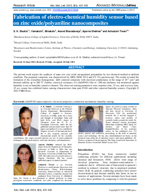(PDF) ADVANCED MATERIALS Letters Fabrication of electrochemical humidity sensor based on zinc